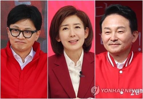 Esta imagen compuesta muestra al exlíder del Partido del Poder Popular, Han Dong-hoon (izq.), al representante Na Kyung-won (centro), y al exministro de Tierras, Won Hee-ryong.  (Yonhap)