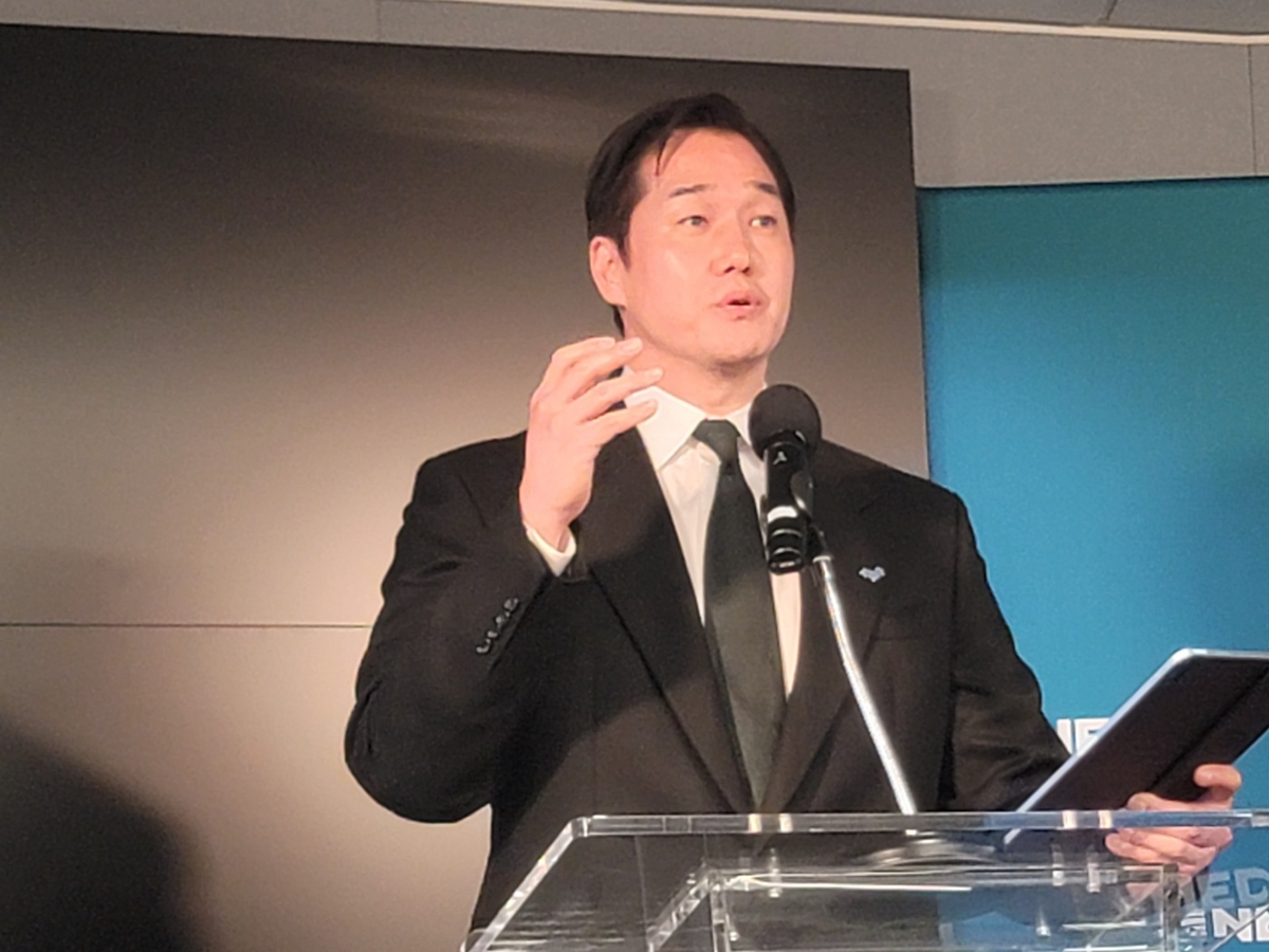 You Ji-tae, actor surcoreano, habla durante un evento sobre los derechos humanos en Corea del Norte en Washington el 22 de julio de 2024. (Yonhap)