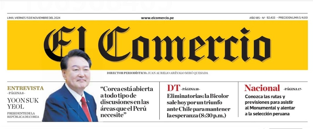 Esta captura de pantalla del periódico peruano El Comercio del 15 de noviembre de 2024 muestra la entrevista del presidente Yoon Suk Yeol durante su viaje a Perú para asistir a la cumbre de Cooperación Económica Asia-Pacífico. (FOTO NO EN VENTA) (Yonhap)