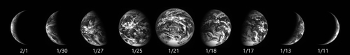 Ci-dessus, des photos de la Terre prises par une caméra à bord de l'orbiteur lunaire Danuri du 6 janvier au 4 février 2023. (Photo fournie par l'Institut coréen de recherche aérospatiale, KARI. Revente et archivage interdits) 