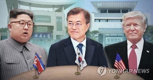 左から北朝鮮の金正恩委員長、文在寅大統領、トランプ米大統領（コラージュ）＝（聯合ニュース）