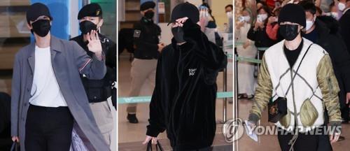 仁川国際空港に到着した（左から）ＪＩＮ、ＪＵＮＧ　ＫＯＯＫ、ＪＩＭＩＮ＝６日、仁川（聯合ニュース）