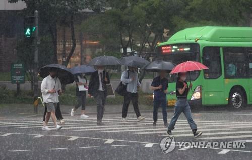 ソウル市内の横断歩道を傘を差して歩く市民ら＝２３日、ソウル（聯合ニュース）