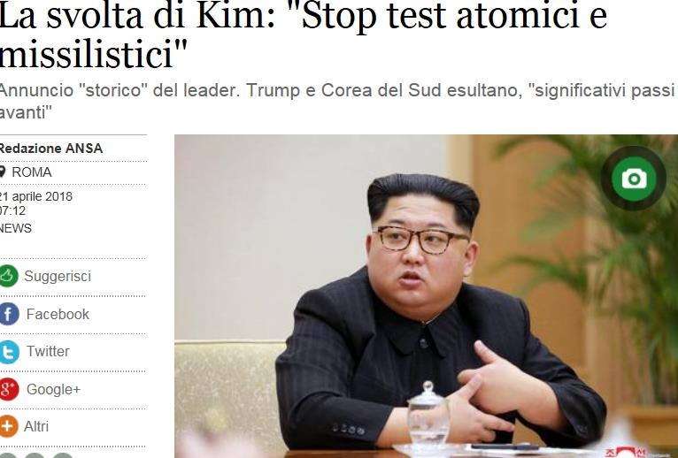 북한의 핵·미사일 실험 중단 소식을 비중있게 보도한 이탈리아 ANSA통신 [ANSA통신 홈페이지 캡처] 