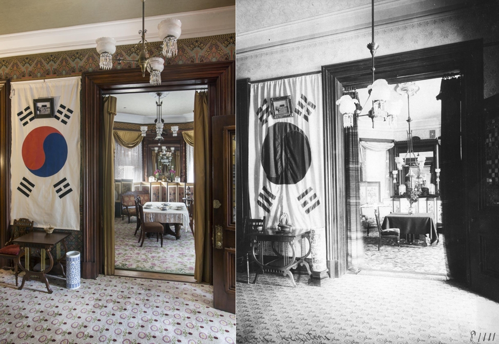 대한제국공사관 1층 식당 복원 모습(왼쪽)과 1893년 사진. [국외소재문화재재단 제공]