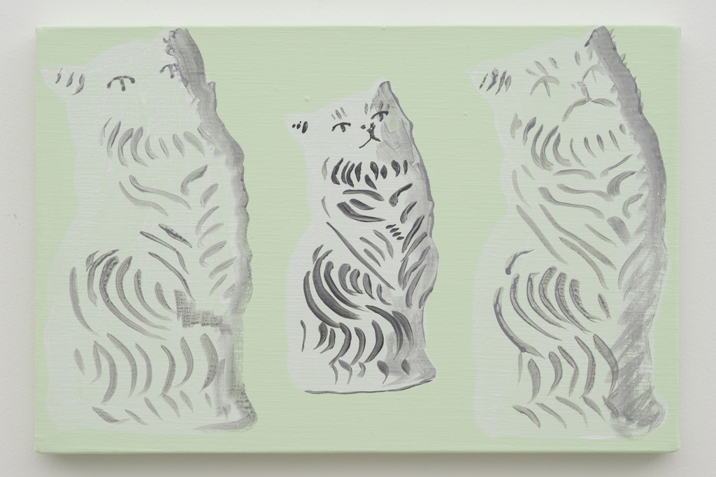 미나미카와 시몬, 녹색배경(고양이 오브젝트), 캔버스에 아크릴릭, 27.5×41cm, 2018