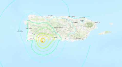 11일 오전 푸에르토리코 남부 해상에서 또다시 규모 5.9의 지진이 발생했다고 미국지질조사국이 밝혔다. 그림의 별표는 진앙을 표시하고 있다. [출처=미국지질조사국 웹사이트]