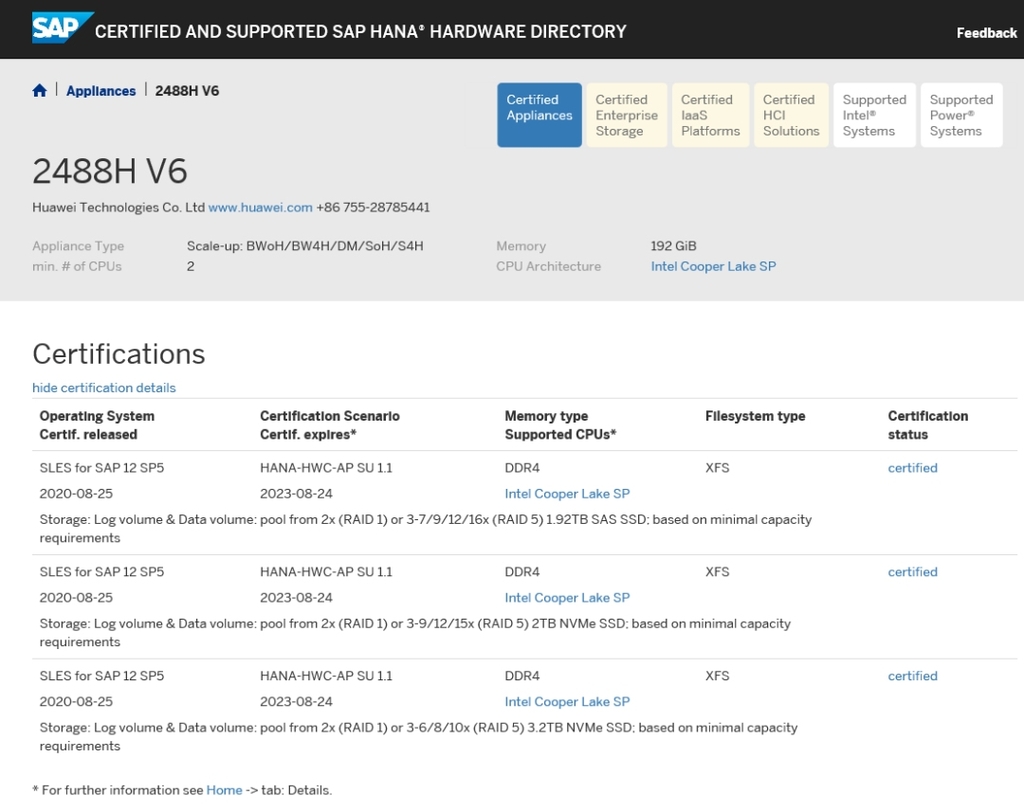 화웨이 FusionServer Pro 2488H V6 SAP HANA 기기 인증 결과