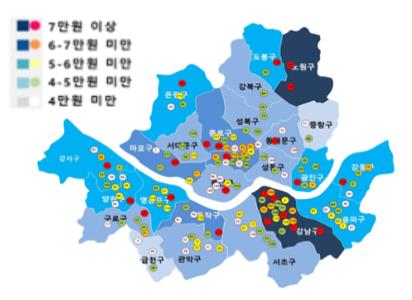 서울 주요 상권별 ㎡당 점포 통상임대료 수준