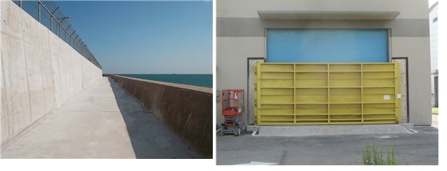 원전 해안방벽(왼쪽)과 방수문 설치 사진