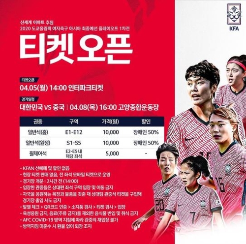 한국-중국 올림픽 여자축구 PO 홈경기 입장권, 5일부터 판매