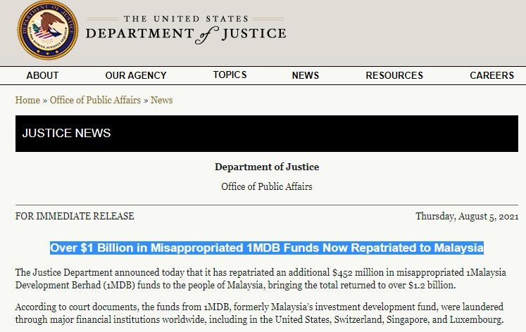 미법무부 "1MDB 유용자금 10억 달러 이상 말레이에 돌려줘"