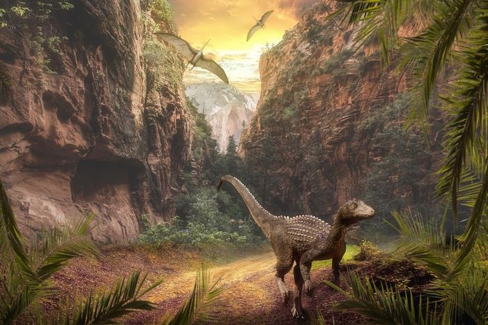 화산활동으로 변화한 생태계에 적응한 공룡 상상도
