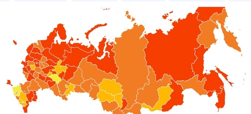 러시아 전역의 코로나19 확산 상황을 보여주는 지도