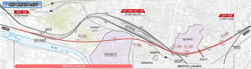 대전 도심 북측 고속철도 선형개량 공사 위치도