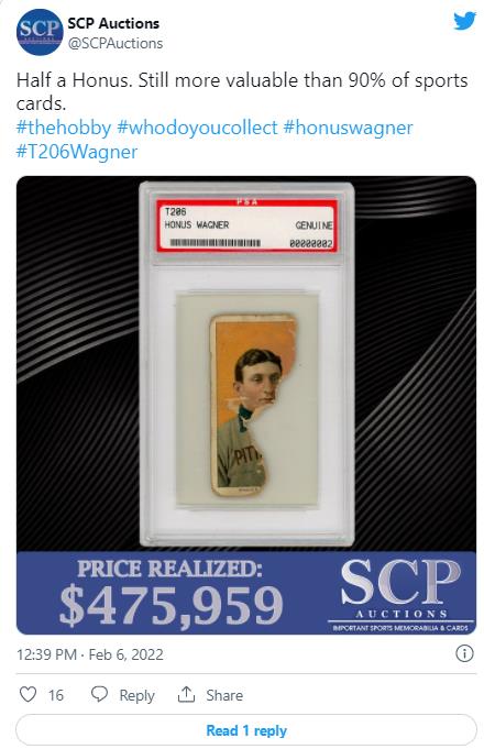 호너스 와그너의 절반 찢어진 야구 카드로 거액에 낙찰됐다.