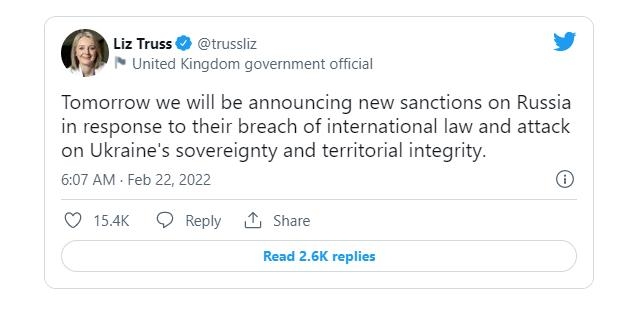 22일(현지시간) 러시아 제재 방안을 발표하겠다고 밝힌 리즈 트러스 영국 외무장관의 트윗글