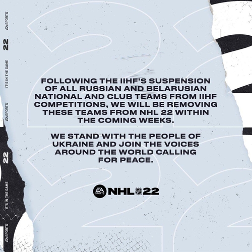 NHL22에서 러시아와 벨라루스 대표팀 및 클럽팀의 퇴출 결정을 알린 EA스포츠.