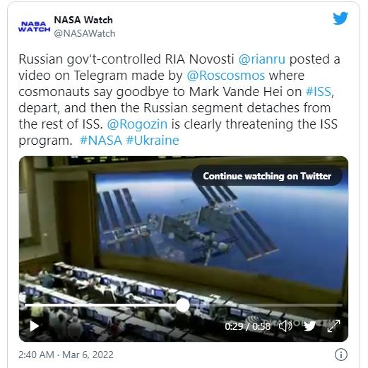 로스코스모스 영상을 보도한 우주뉴스 블로그 'NASA 워치' 트윗