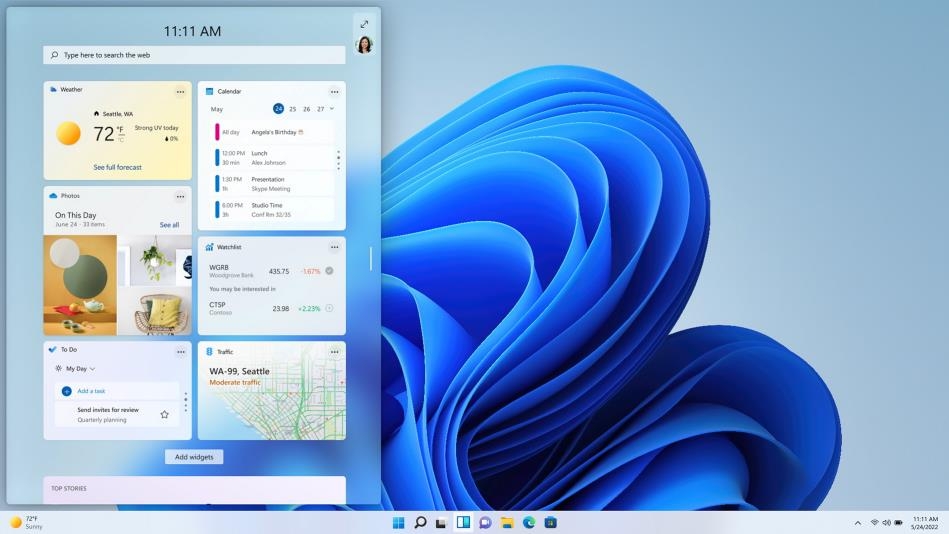 윈도 11의 마이크로소프트 위젯 화면