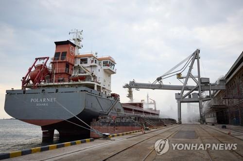 우크라이나 초르노모르스크항에서 곡물 선적 중인 선박
