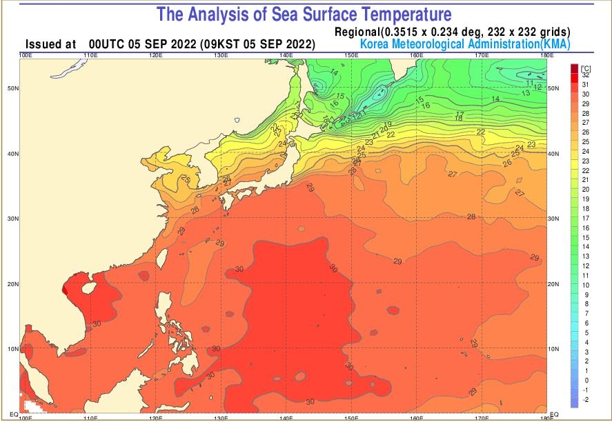 5일 오전 9시 발표된 북서태평양 해수면 온도 분석도. [기상청 제공. 재판매 및 DB 금지]