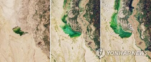 홍수로 넓어진 만차르호(왼쪽부터 6월25일, 8월28일, 9월5일 위성사진)