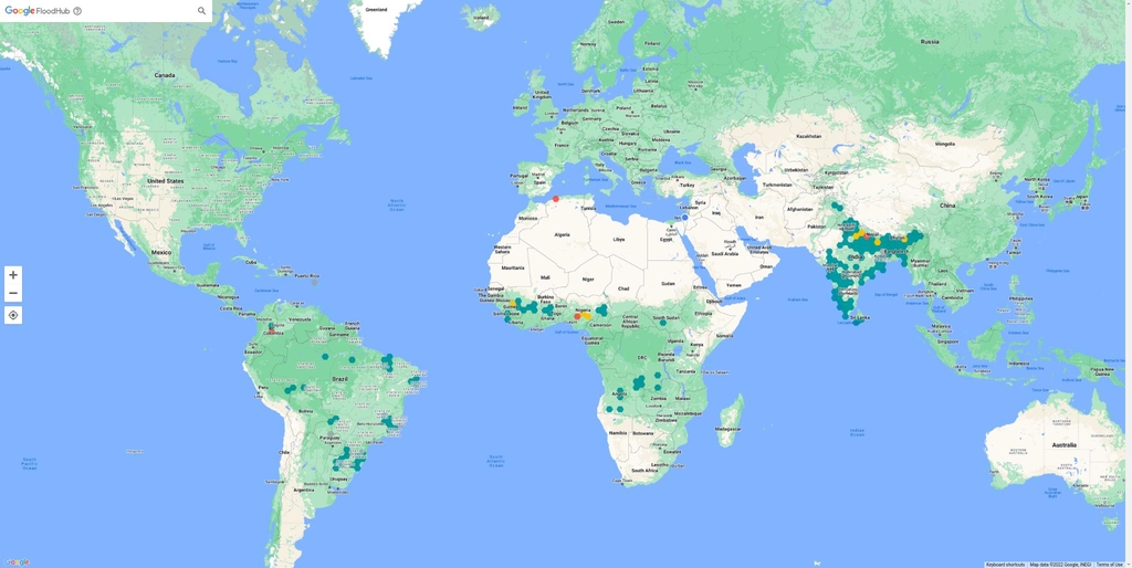 인공지능(AI) 기술로 전 세계 홍수 발생 가능 지역을 보여주는 '구글 플러드 허브'
