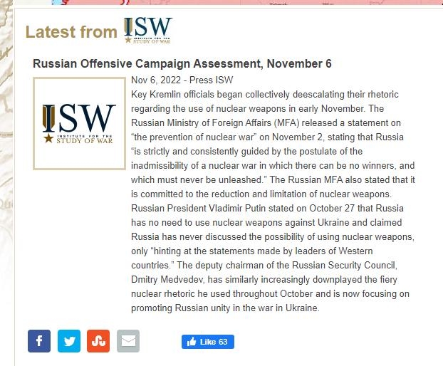 러시아 핵심인사들의 핵 협박 발언 수위에 관한 ISW 분석 게시물