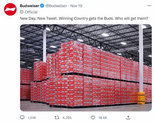 월드컵 공식 맥주업체 버드와이저가 우승국에 맥주를 전달하겠다고 밝힌 트윗