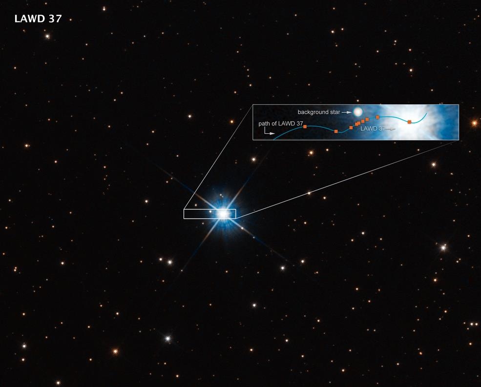 15광년 밖 백색왜성 LAWD 37 백색왜성과 광원별 앞 이동경로(박스안)