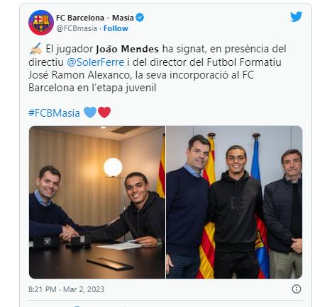 호나우지뉴의 아들 주앙 멘지스의 유스팀 입단 소식을 전한 FC바르셀로나.
