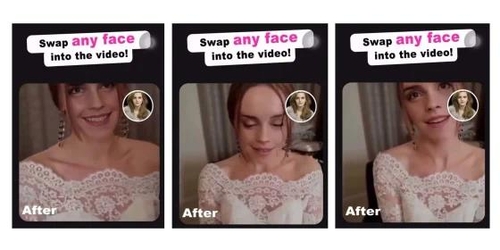 배우 엠마 왓슨의 얼굴인 것처럼 나타나는 AI 기반 딥페이크 광고 스틸 사진