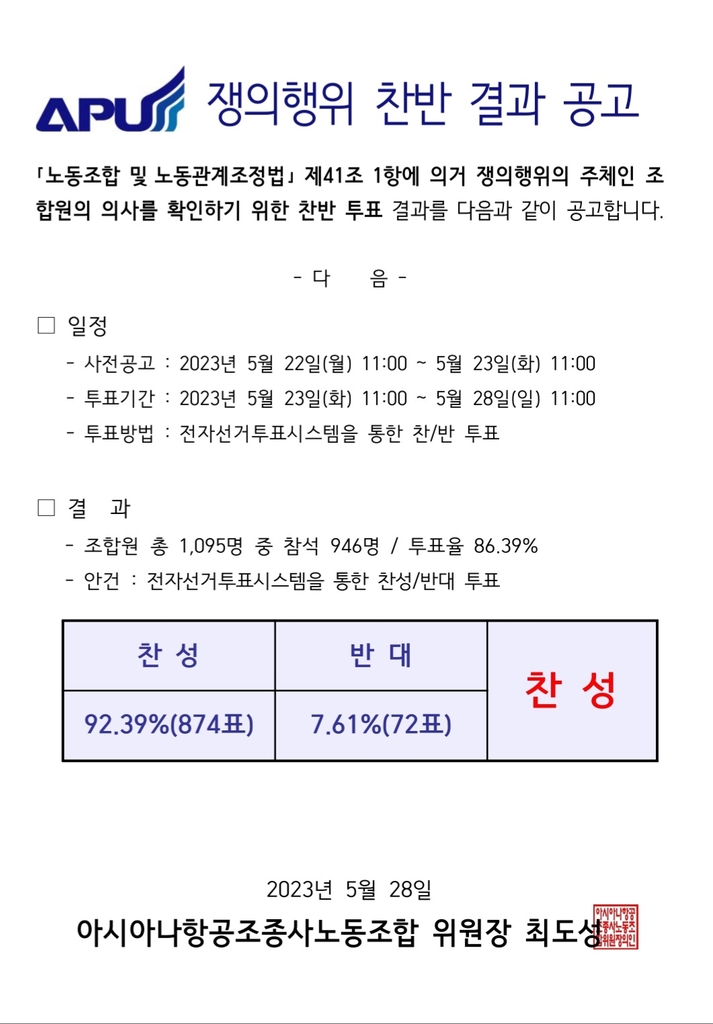 아시아나항공 조종사노조 쟁의 찬반 결과
