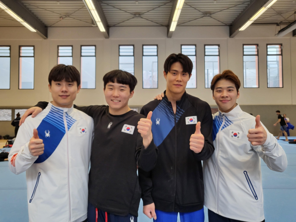 Korean male gymnasts competing for individual qualifications for the Paris Olympics