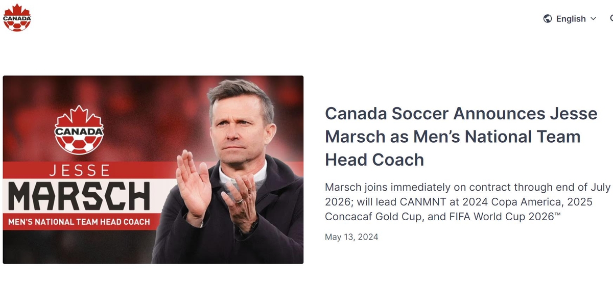 제시 마시 감독의 선임을 발표한 캐나다축구협회
