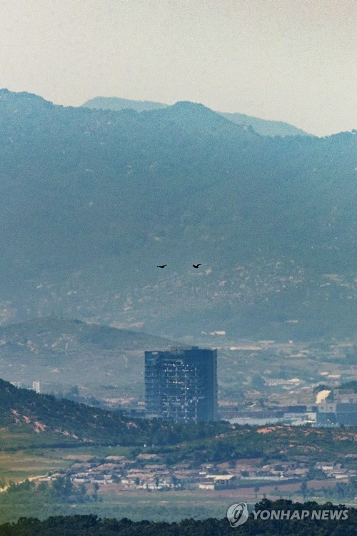 En la foto de archivo, tomada, el 22 de junio de 2020, desde la ciudad fronteriza surcoreana de Paju, al norte de Seúl, se muestran unos pájaros volando sobre la oficina de enlace intercoreana (centro) destruida, en la ciudad fronteriza norcoreana de Kaesong, después de que el Norte destruyera el edificio, el 16 de junio de 2020.