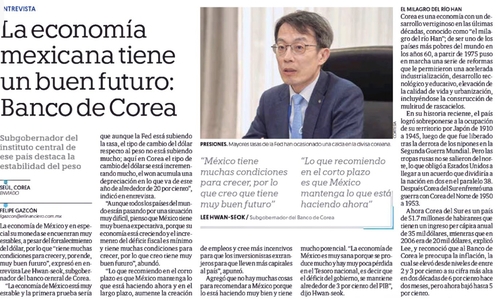 La imagen, capturada del diario El Financiero de México, muestra un artículo sobre una entrevista con Lee Hwan-seok, vicegobernador del BOK, publicada, el 10 de octubre de 2022 (hora local), en México. (Prohibida su reventa y archivo)