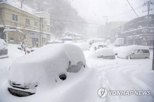 Unos vehículos estacionados en la isla oriental de Ulleung se encuentran cubiertos de nieve, el 24 de enero de 2023, tras una fuerte nevada.