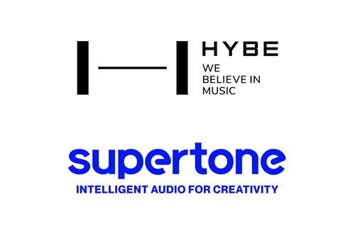 La foto, proporcionada por Hybe Co., muestra los logotipos de la agencia de entretenimiento de K-pop Hybe Co. (arriba) y Supertone, una empresa emergente de sonido con inteligencia artificial (IA). (Prohibida su reventa y archivo)