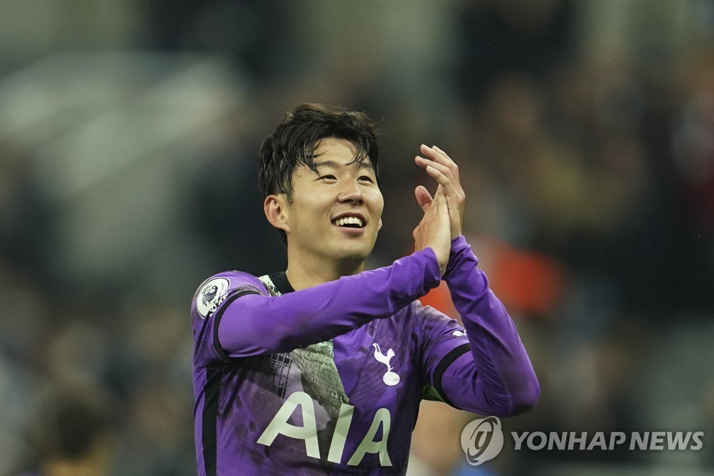 In this Associated Press photo, Son Heung-min of Tottenham Hotspur celebrates his club's 3-2 victory over Newcastle United in their Premier League match at St. James' Park in Newcastle, England, on Oct. 17, 2021. (Yonhap)