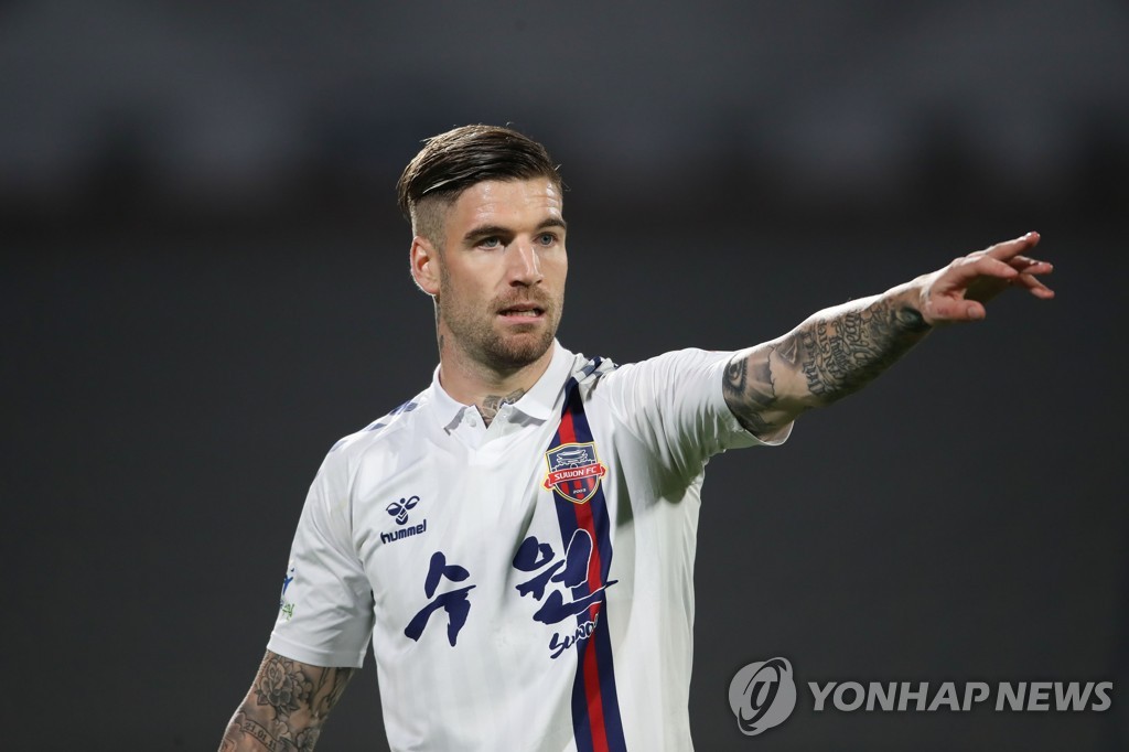This Sept. 26, 2020, file photo provided by the Korea Professional Football League shows Suwon FC forward Lars Veldwijk. (PHOTO NOT FOR SALE) (Yonhap)