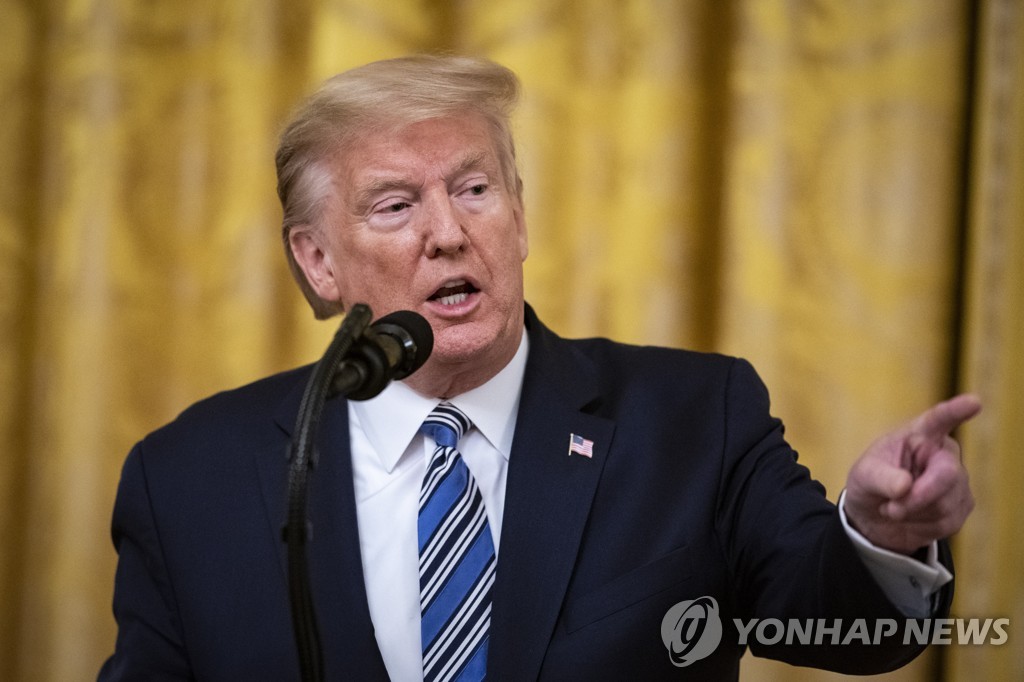 This EPA photo shows U.S. President Donald Trump speaking during a Paycheck Protection Program event in the East Room of the White House in Washington on April 28, 2020. (Yonhap)