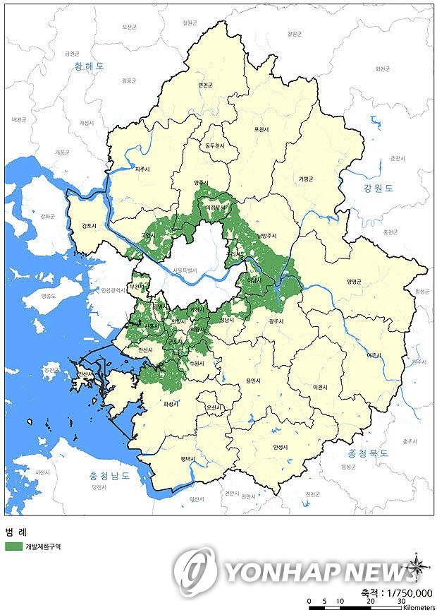 This image, provided by Gyeonggi Province, shows greenbelt areas in the province surrounding Seoul. (Yonhap)