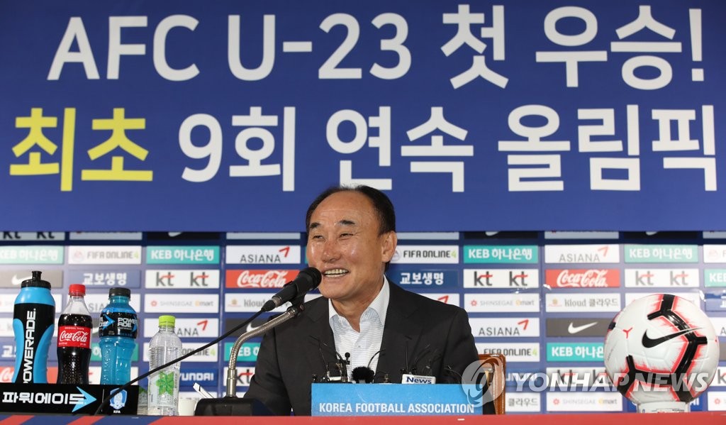 In this file photo from Jan. 30, 2020, Kim Hak-bum, head coach of the South Korean men's Olympic football team, smiles during a press conference at the Korea Football Association headquarters in Seoul. (Yonhap)