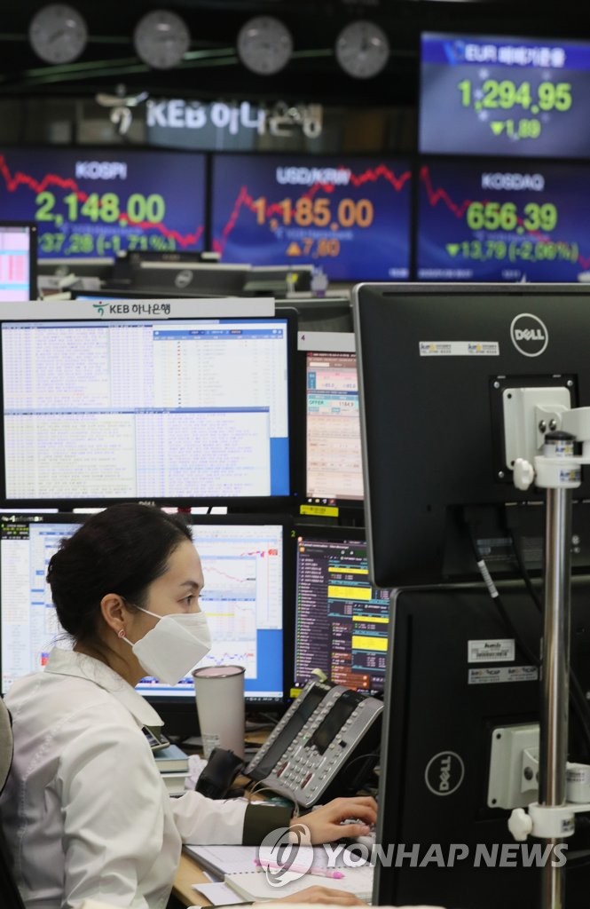 A staff watches computer monitors at KEB Hana Bank in downtown Seoul on Jan. 30, 2020. The benchmark Korea Composite Stock Price Index (KOSPI) fell 37.28 points, or 1.71 percent, to close at 2,148.00 amid growing concerns over the fast-spreading coronavirus around the globe. (Yonhap)