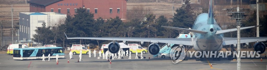 South Korea's first evacuation flight to bring its citizens home from coronavirus-hit Wuhan, China, sits at Gimpo International Airport in western Seoul on Jan. 31, 2020. (Yonhap)