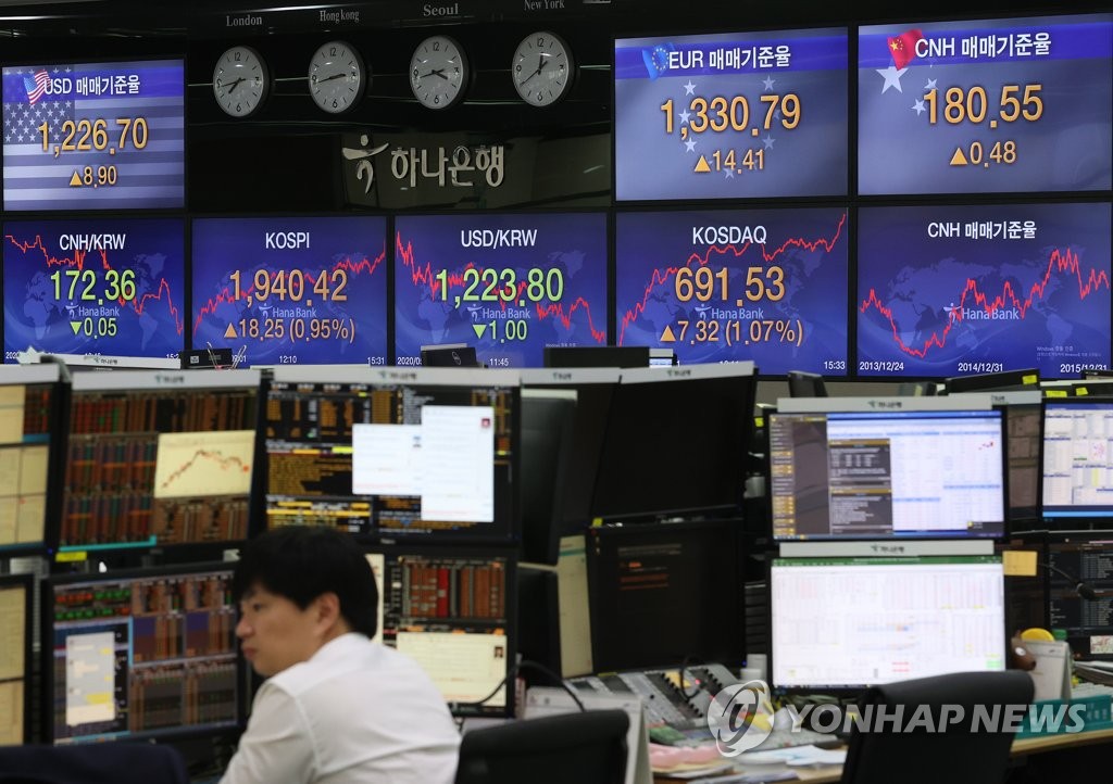 A dealer work in front of an electronic signboard at the headquarters of Hana Bank in Seoul on May 13, 2020. The benchmark Korea Composite Stock Price Index (KOSPI) moved up 18.25 points, or 0.95 percent, to finish at 1,940.42. (Yonhap)
