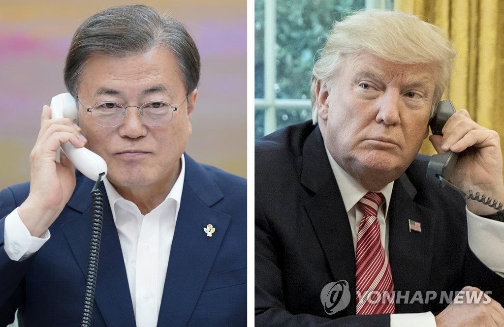 South Korean President Moon Jae-in (L) in a photo released by Cheong Wa Dae, and U.S. President Donald Trump in a file photo. (PHOTO NOT FOR SALE) (Yonhap)