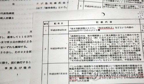 (도쿄=연합뉴스) 이세원 특파원 = 일본 오사카지방재판소(지방법원) 사카이(堺)지부가 이달 2일 선고한 손해배상청구 소송 판결문(사본)에 후지주택이 사내에 배포한 문서의 내용이 열거돼 있다. 후지주택은 "자이니치(在日, 재일한국·조선인을 의미)는 죽어라"(화면 위쪽 붉은 선), "종군 위안부 강제연행은 터무니없는 거짓말이며 실제는 종군위안부라는 것은 급여가 높은 전시 매춘부다"(화면 아래쪽 붉은 선)는 등의 내용이 담긴 문서를 사내에 배포한 것으로 확인됐다. 법원은 이런 행위가 위법이라고 판시하고서 후지주택과 이 회사 회장이 소송을 제기한 재일 한국인 여성에게 110만엔을 배상하라고 판결했다. 후지주택은 도쿄 증권거래소 1부에 상장된 종업원 약 1천명 규모의 기업이다.